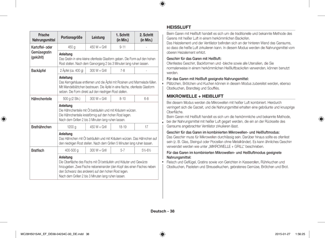 Samsung MC28H5015AK/EG, MC28H5015AK/EF, MC28H5015CK/EF, MC28H5015AW/EF, MC28H5015AS/EN manual Heissluft, Mikrowelle + HEIßLUFT 