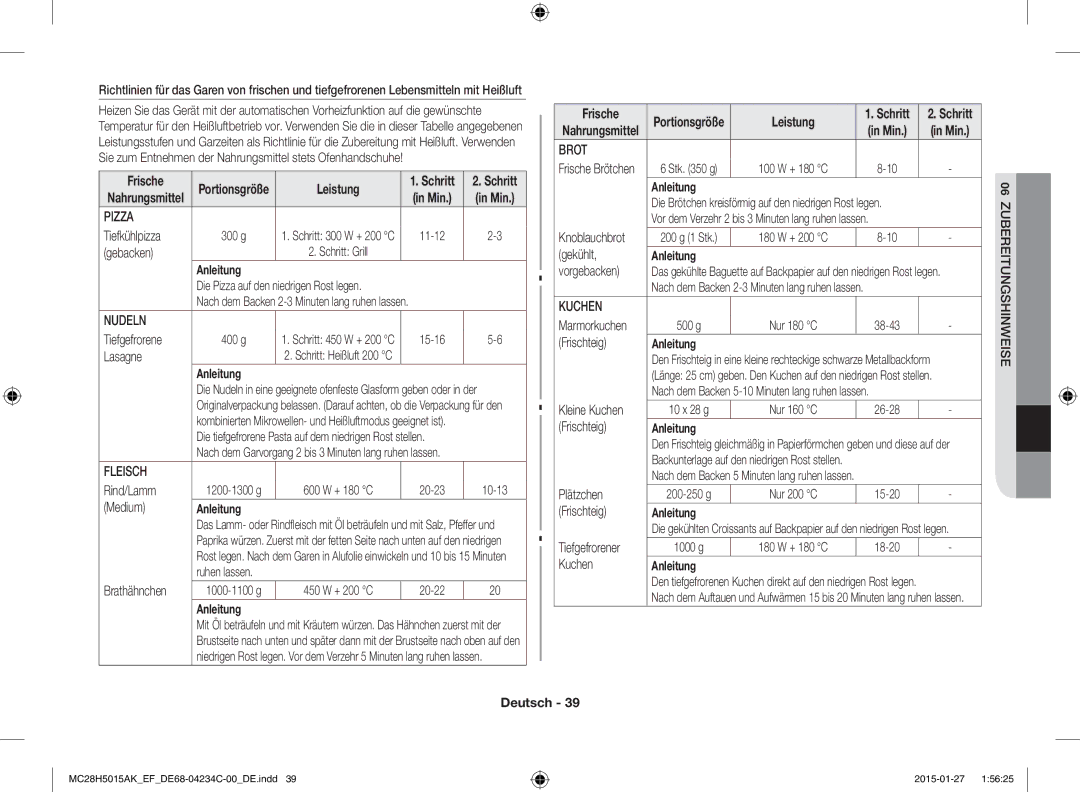 Samsung MC28H5015AK/EF, MC28H5015AK/EG, MC28H5015CK/EF, MC28H5015AW/EF, MC28H5015AS/EN manual Nudeln, Fleisch, Brot, Kuchen 
