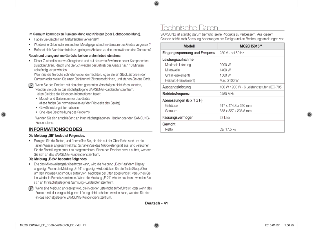 Samsung MC28H5015AW/EF manual Technische Daten, Informationscodes, Die Meldung „SE bedeutet Folgendes, Modell MC28H5015 