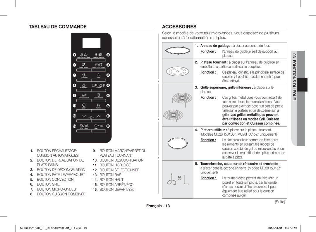 Samsung MC28H5015AK/EF, MC28H5015AK/EG, MC28H5015CK/EF, MC28H5015AW/EF Tableau DE Commande Accessoires, Fonction, Plateau 