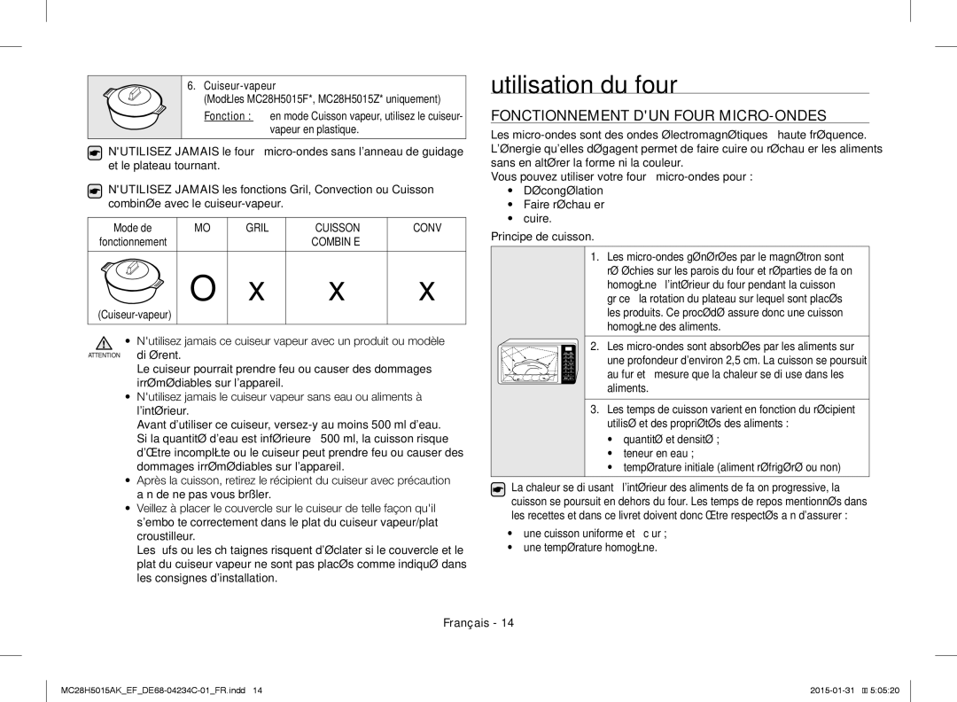 Samsung MC28H5015CK/EF, MC28H5015AK/EG manual Utilisation du four, Fonctionnement DUN Four MICRO-ONDES, Cuiseur-vapeur, Gril 