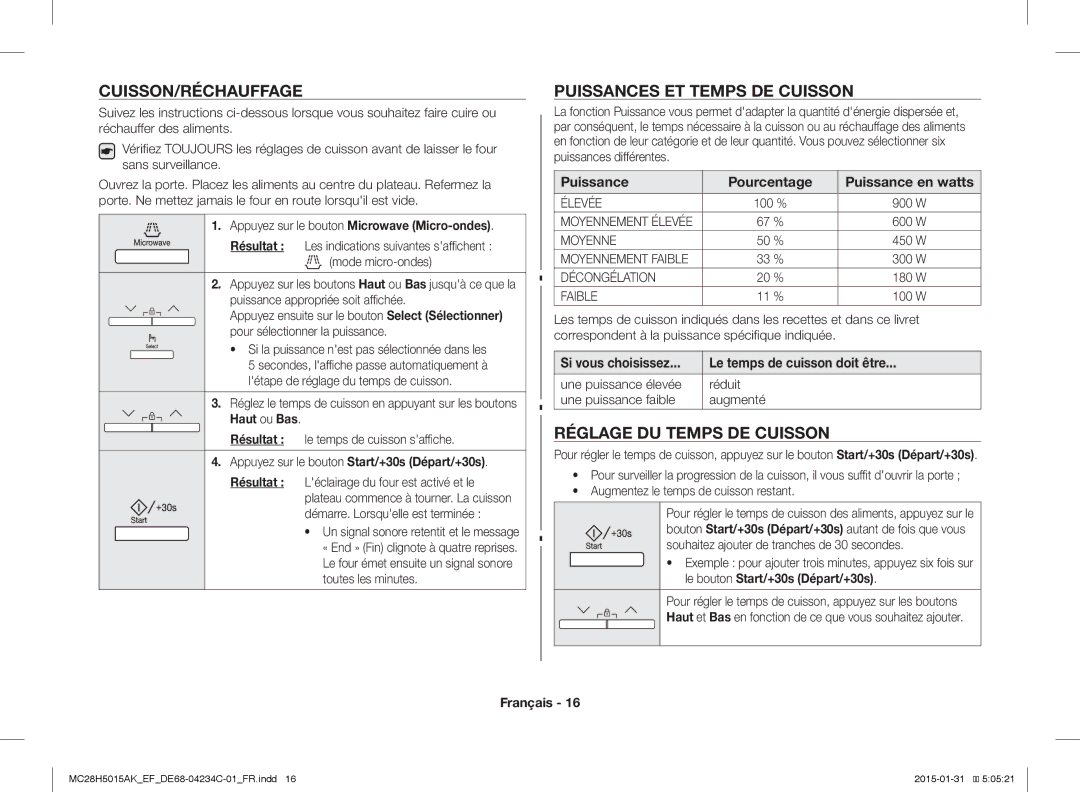 Samsung MC28H5015AS/EN, MC28H5015AK/EG Cuisson/Réchauffage, Puissances ET Temps DE Cuisson, Réglage DU Temps DE Cuisson 