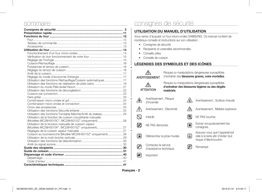 Samsung MC28H5015CK/EF Consignes de sécurité, Utilisation DU Manuel Dutilisation, Légendes DES Symboles ET DES Icônes 