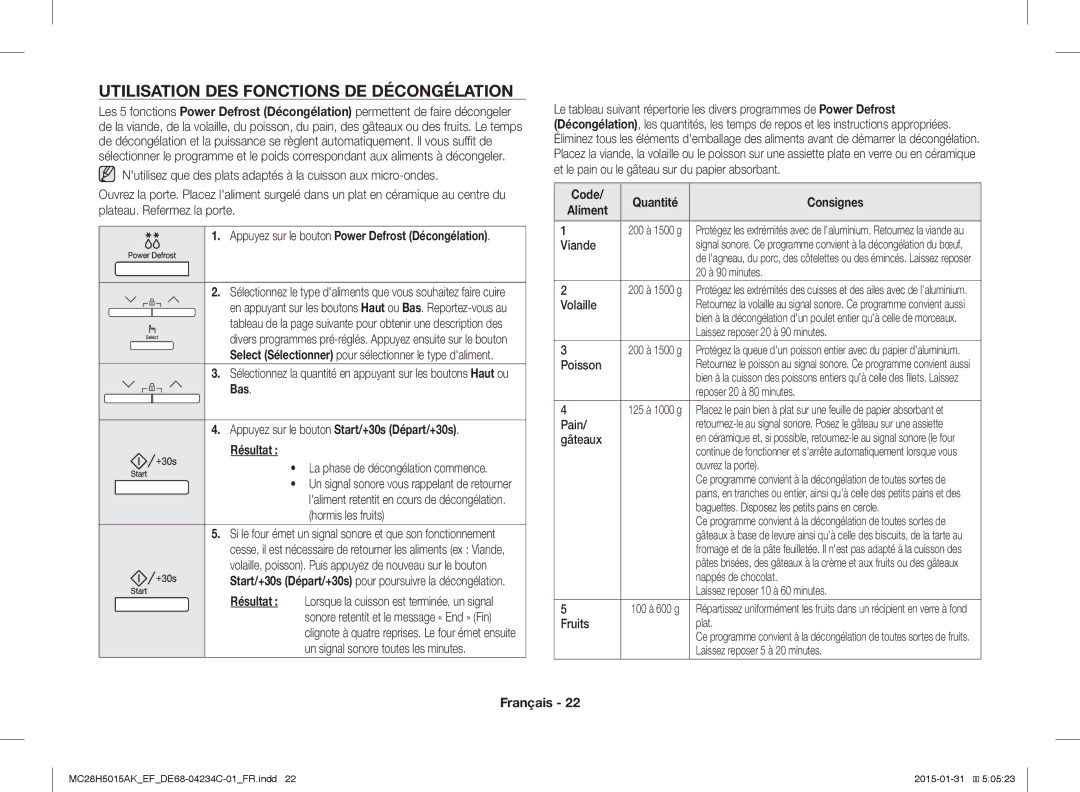 Samsung MC28H5015AS/EN, MC28H5015AK/EG, MC28H5015AK/EF, MC28H5015CK/EF manual Utilisation DES Fonctions DE Décongélation 