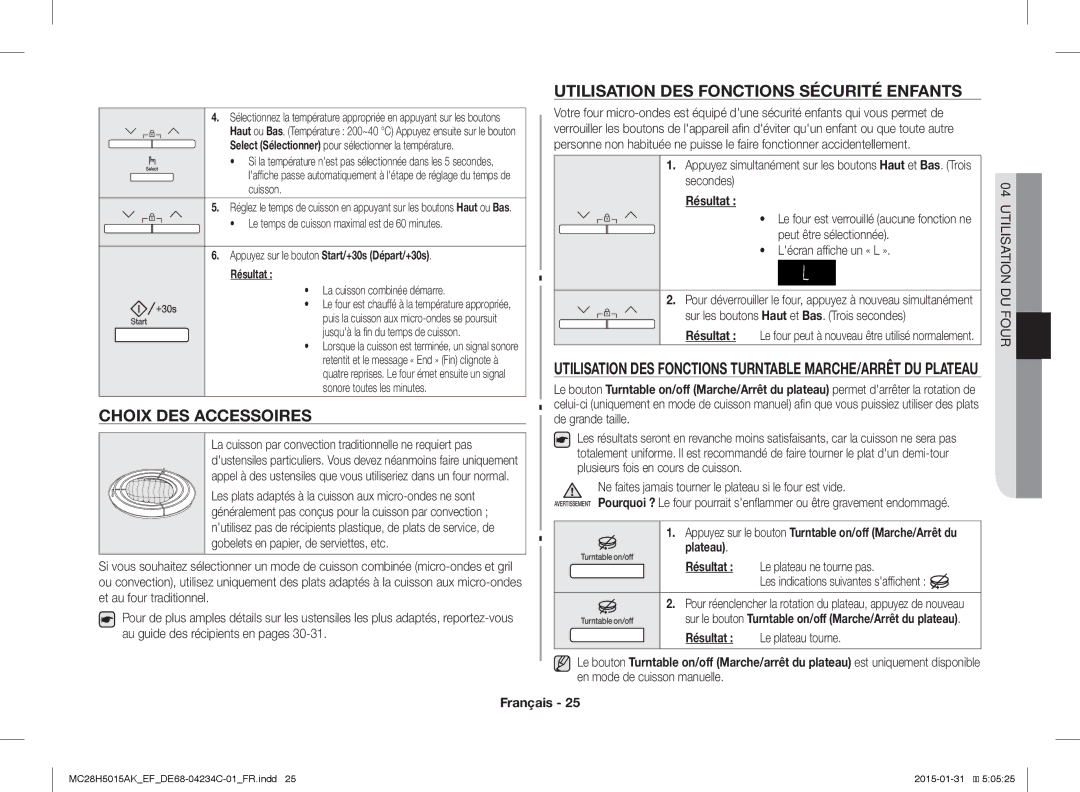 Samsung MC28H5015AK/EF, MC28H5015AK/EG, MC28H5015CK/EF Choix DES Accessoires, Utilisation DES Fonctions Sécurité Enfants 