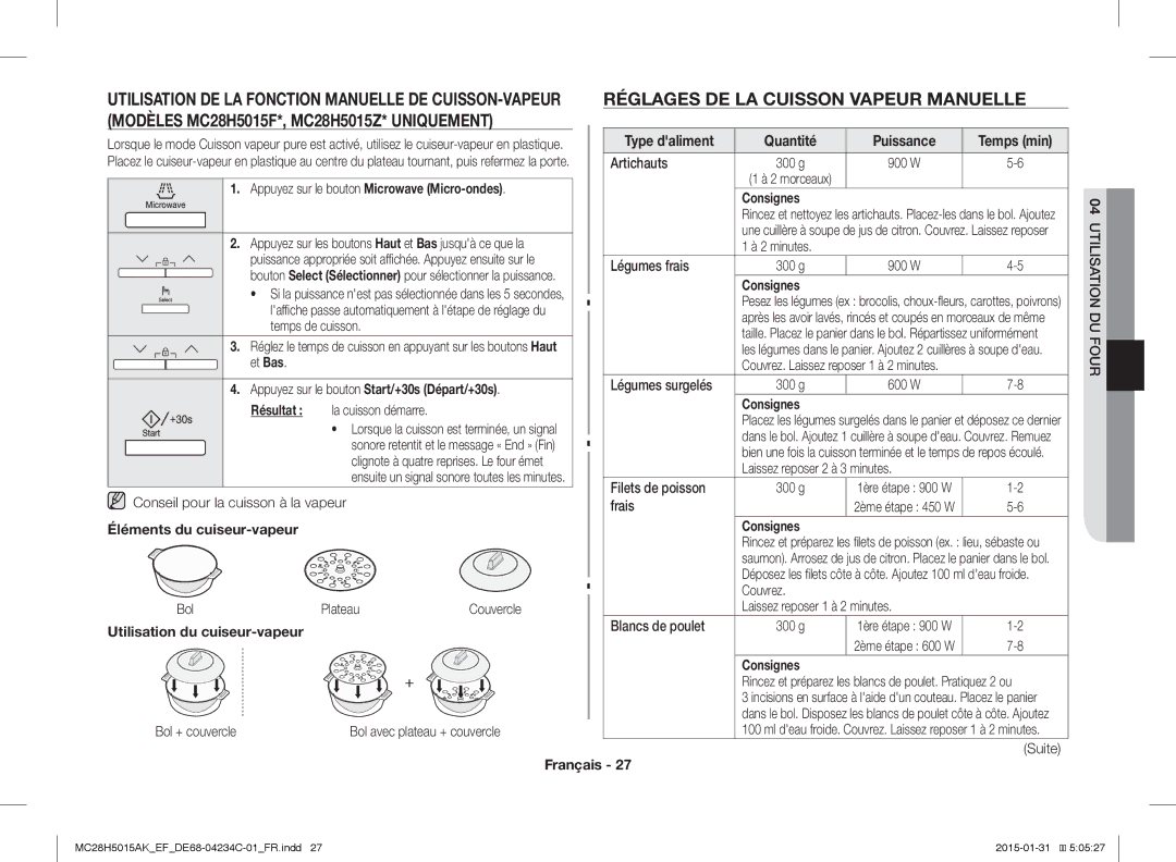 Samsung MC28H5015AW/EF Réglages DE LA Cuisson Vapeur Manuelle, Modèles MC28H5015F*, MC28H5015Z* Uniquement, Type daliment 