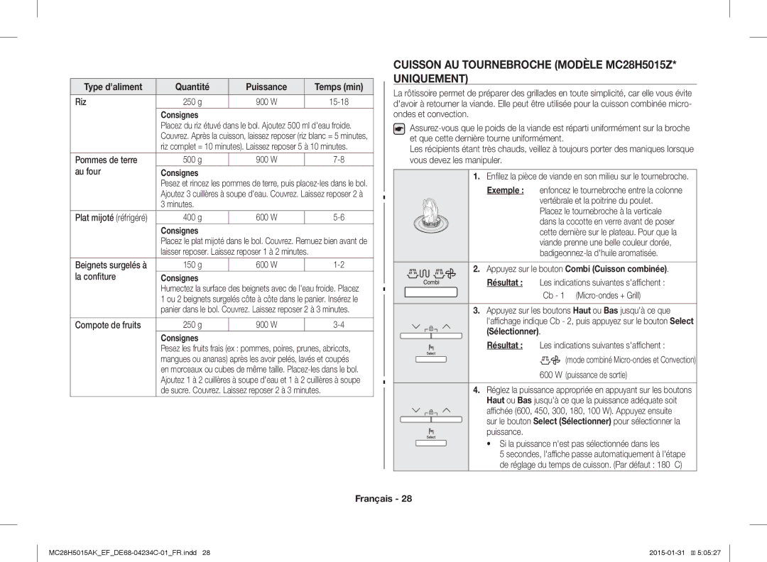 Samsung MC28H5015AS/EN manual Cuisson AU Tournebroche Modèle MC28H5015Z Uniquement, Type daliment Quantité Puissance 