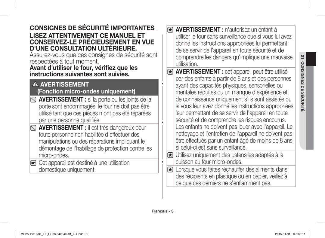 Samsung MC28H5015AW/EF, MC28H5015AK/EG, MC28H5015AK/EF manual Consignes DE Sécurité Importantes, 01CONSIGNES DE Sécurité 