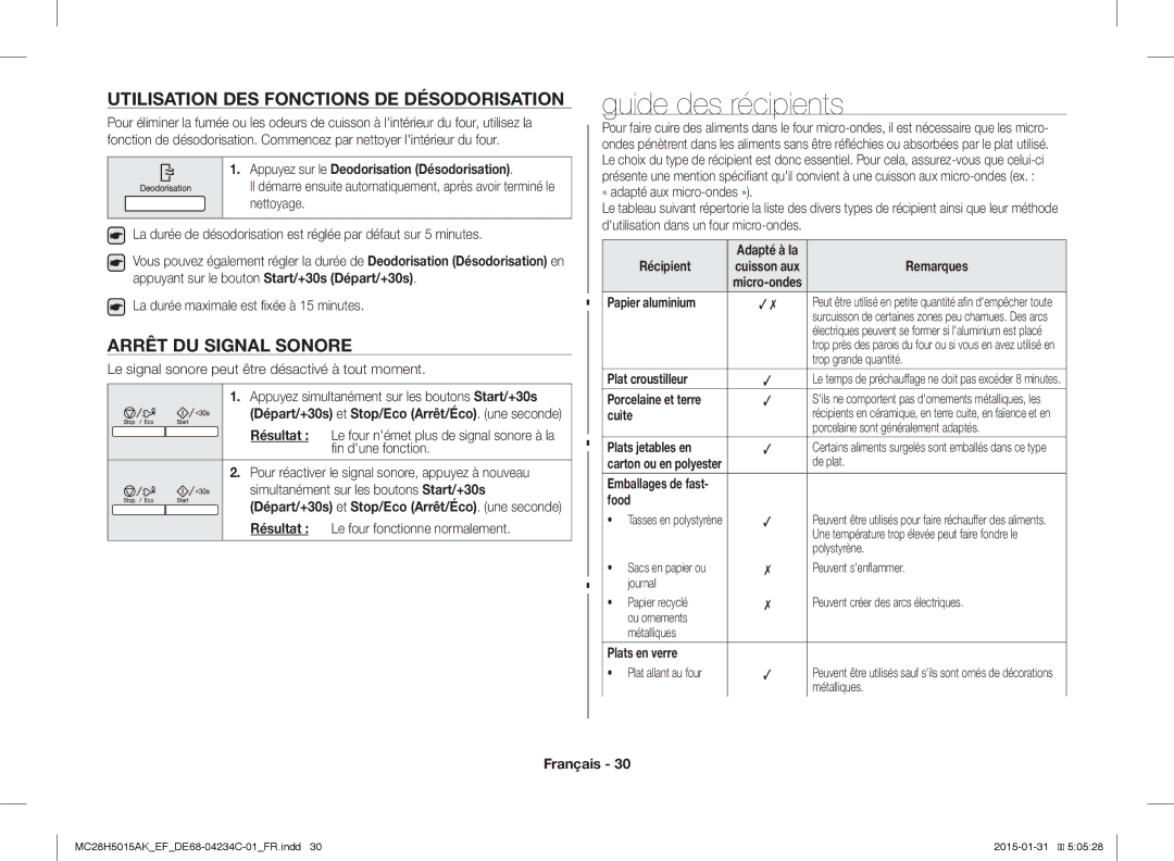 Samsung MC28H5015AK/EG manual Guide des récipients, Utilisation DES Fonctions DE Désodorisation, Arrêt DU Signal Sonore 