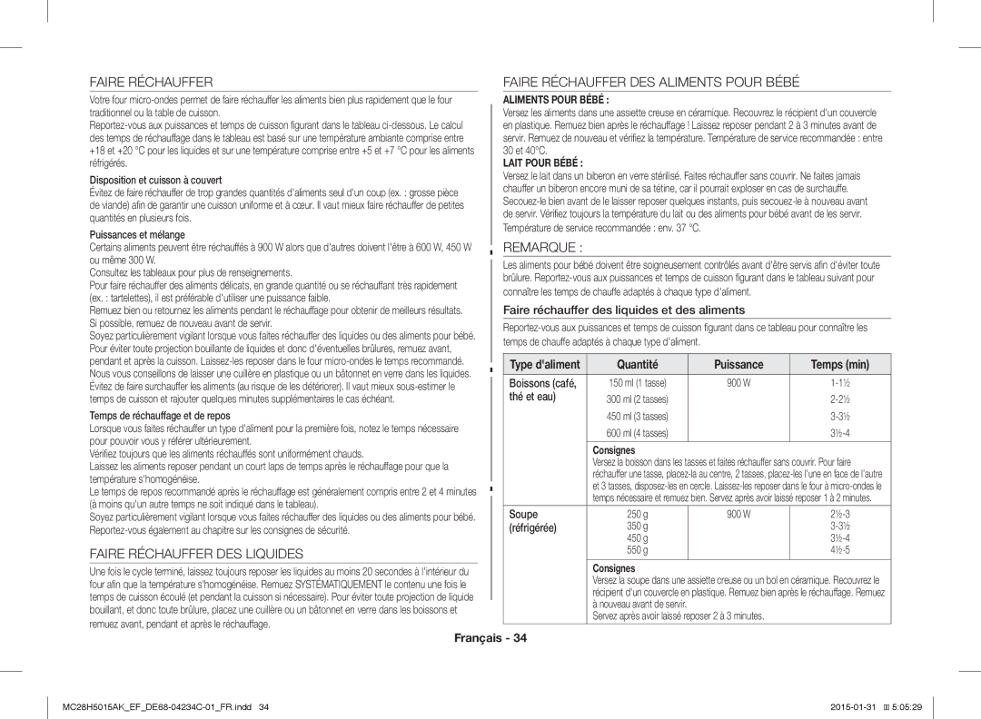 Samsung MC28H5015AS/EN Faire réchauffer des liquides et des aliments, Puissance Temps min, Thé et eau, Soupe, Réfrigérée 