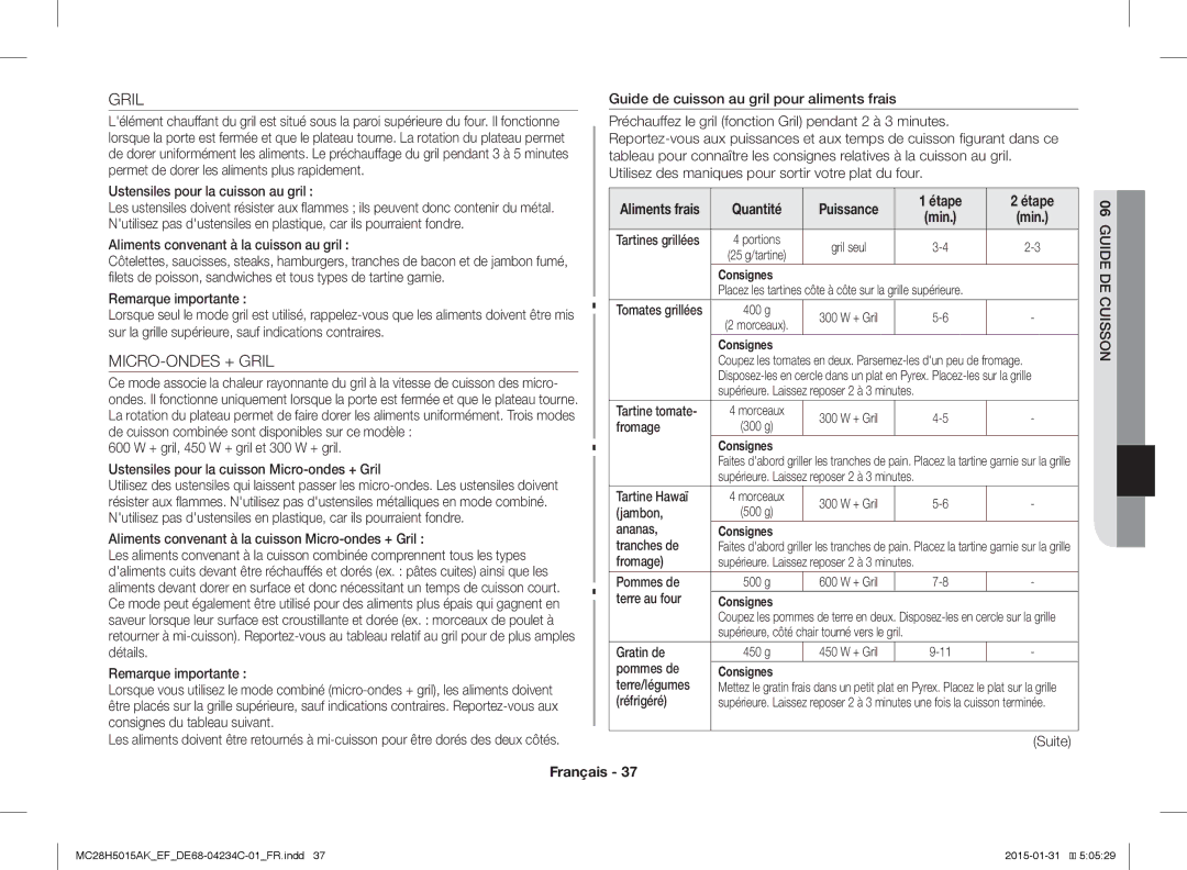 Samsung MC28H5015AK/EF, MC28H5015AK/EG, MC28H5015CK/EF, MC28H5015AW/EF, MC28H5015AS/EN manual Quantité Puissance Étape 