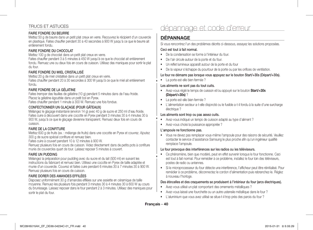 Samsung MC28H5015AS/EN, MC28H5015AK/EG, MC28H5015AK/EF, MC28H5015CK/EF, MC28H5015AW/EF manual Dépannage et code derreur 