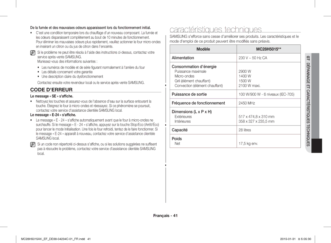 Samsung MC28H5015CW/EF manual Caractéristiques techniques, Code Derreur, Le message « SE » saffiche, Modèle MC28H5015 