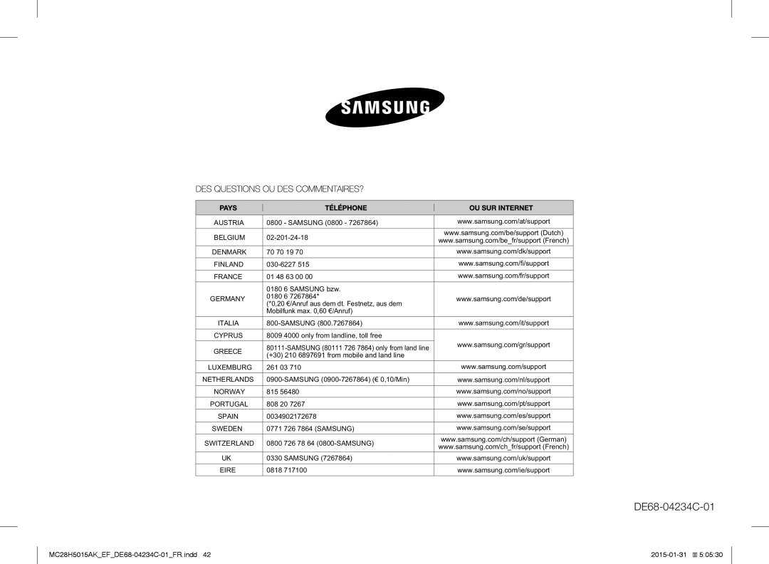 Samsung MC28H5015CK/EF, MC28H5015AK/EG, MC28H5015AK/EF, MC28H5015AW/EF, MC28H5015AS/EN, MC28H5015CW/EF manual DE68-04234C-01 