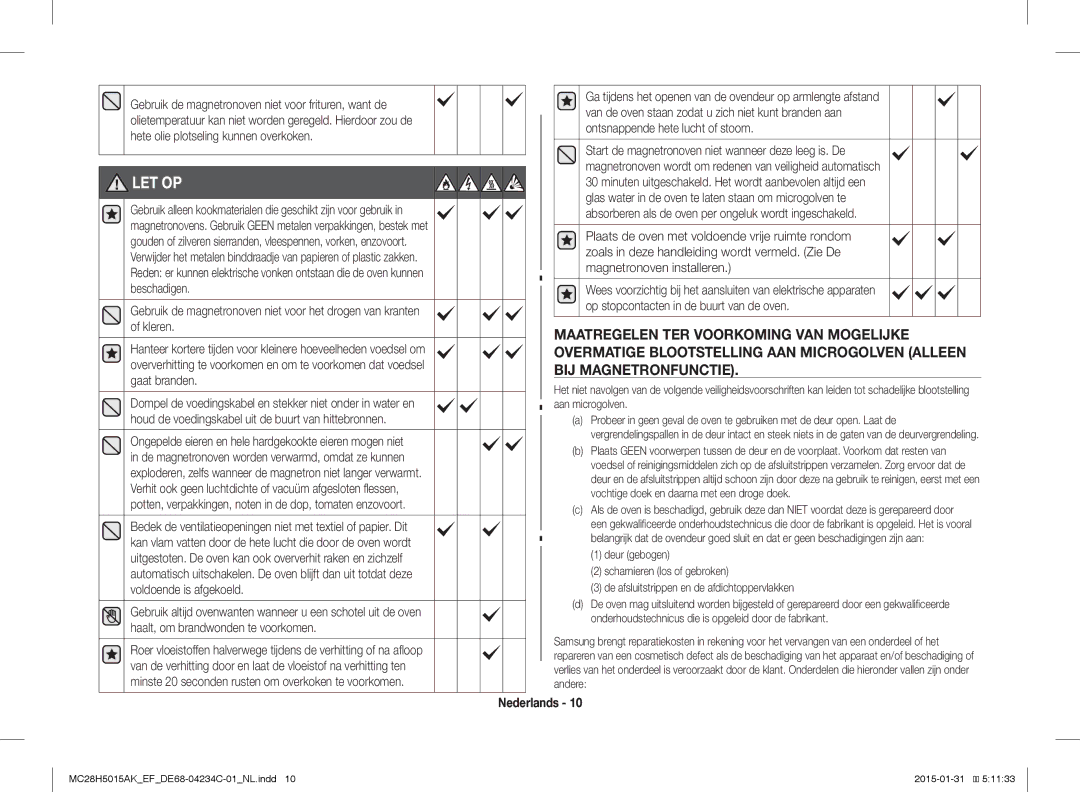 Samsung MC28H5015AK/EG, MC28H5015AK/EF, MC28H5015CK/EF, MC28H5015AW/EF, MC28H5015AS/EN, MC28H5015CW/EF manual Let Op 