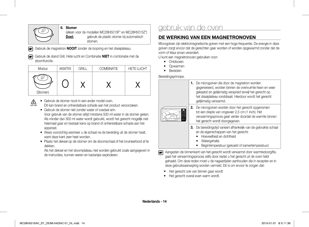 Samsung MC28H5015AS/EN, MC28H5015AK/EG Gebruik van de oven, DE Werking VAN EEN Magnetronoven, Stomer, Grill Combinatie 