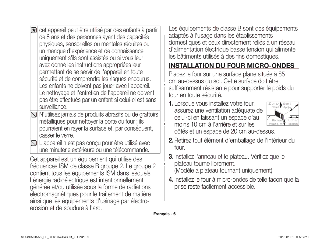 Samsung MC28H5015AK/EG, MC28H5015AK/EF, MC28H5015CK/EF, MC28H5015AW/EF, MC28H5015AS/EN manual Installation DU Four MICRO-ONDES 