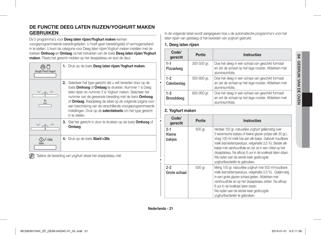 Samsung MC28H5015CW/EF manual DE Functie Deeg Laten RIJZEN/YOGHURT Maken Gebruiken, Deeg laten rijzen, Yoghurt maken 