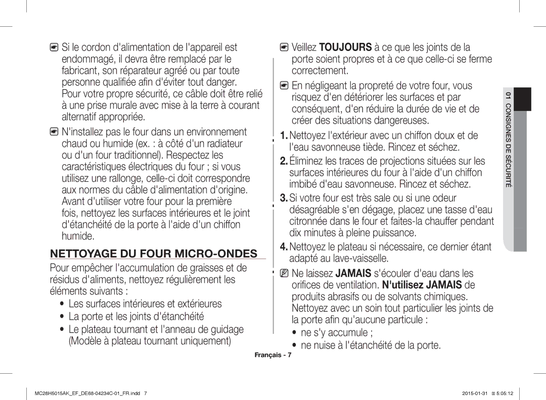 Samsung MC28H5015AK/EF, MC28H5015AK/EG, MC28H5015CK/EF, MC28H5015AW/EF, MC28H5015AS/EN manual Nettoyage DU Four MICRO-ONDES 