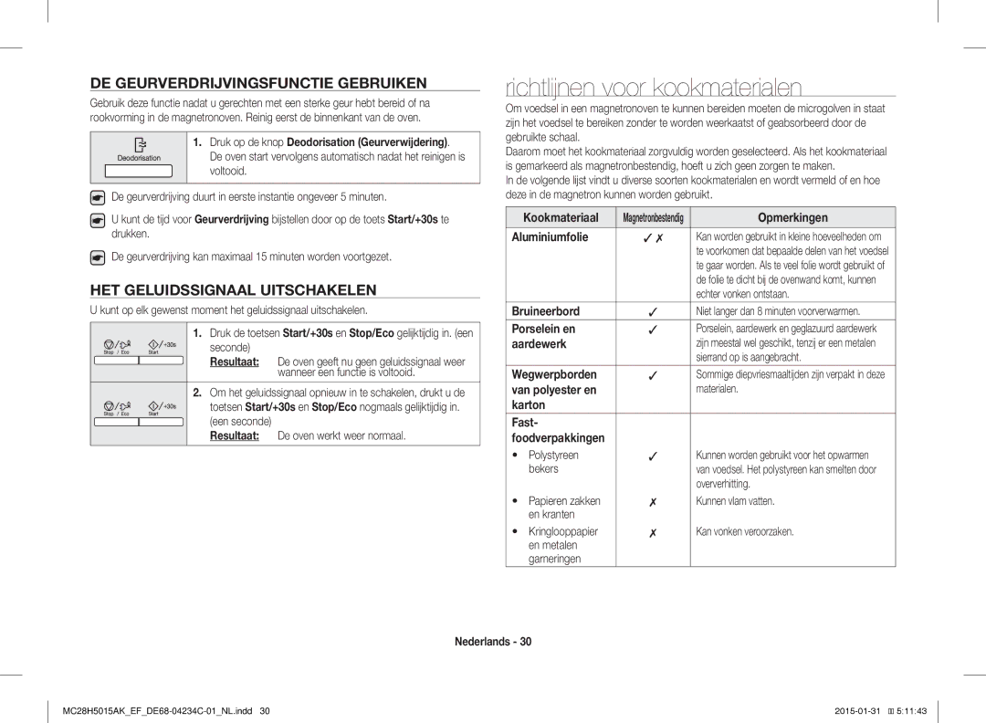 Samsung MC28H5015CK/EF, MC28H5015AK/EG manual Richtlijnen voor kookmaterialen, DE Geurverdrijvingsfunctie Gebruiken 