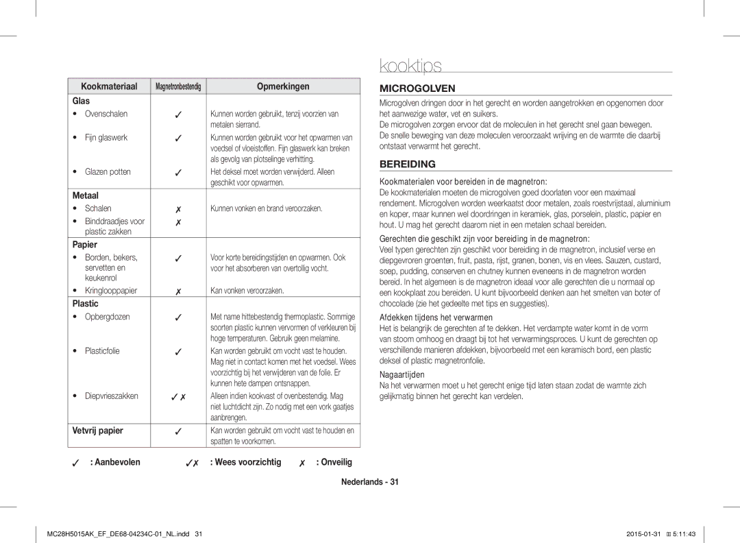 Samsung MC28H5015AW/EF, MC28H5015AK/EG, MC28H5015AK/EF, MC28H5015CK/EF, MC28H5015AS/EN manual Kooktips, Microgolven, Bereiding 