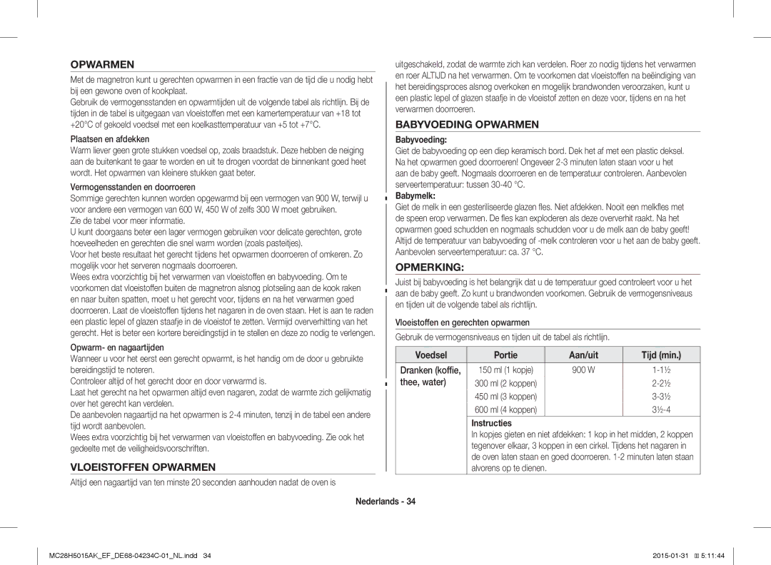 Samsung MC28H5015AK/EG, MC28H5015AK/EF, MC28H5015CK/EF manual Vloeistoffen Opwarmen, Babyvoeding Opwarmen, Opmerking 