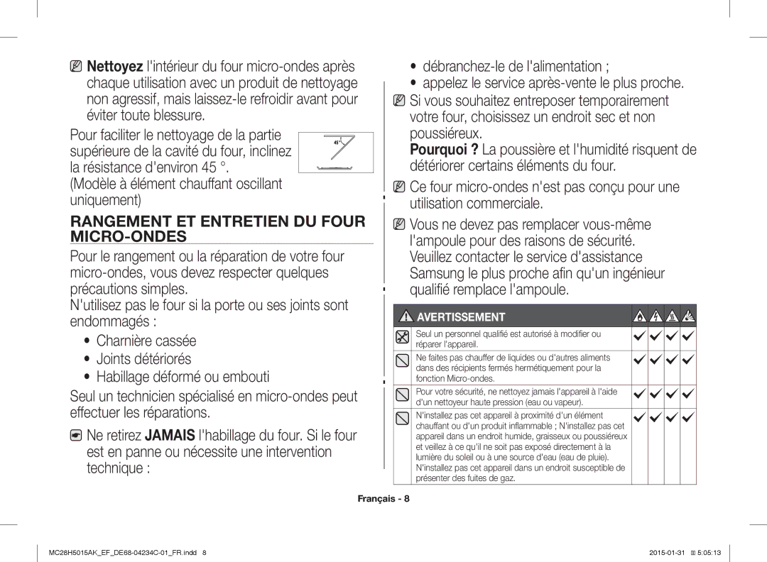 Samsung MC28H5015CK/EF, MC28H5015AK/EG, MC28H5015AK/EF, MC28H5015AW/EF manual Rangement ET Entretien DU Four MICRO-ONDES 