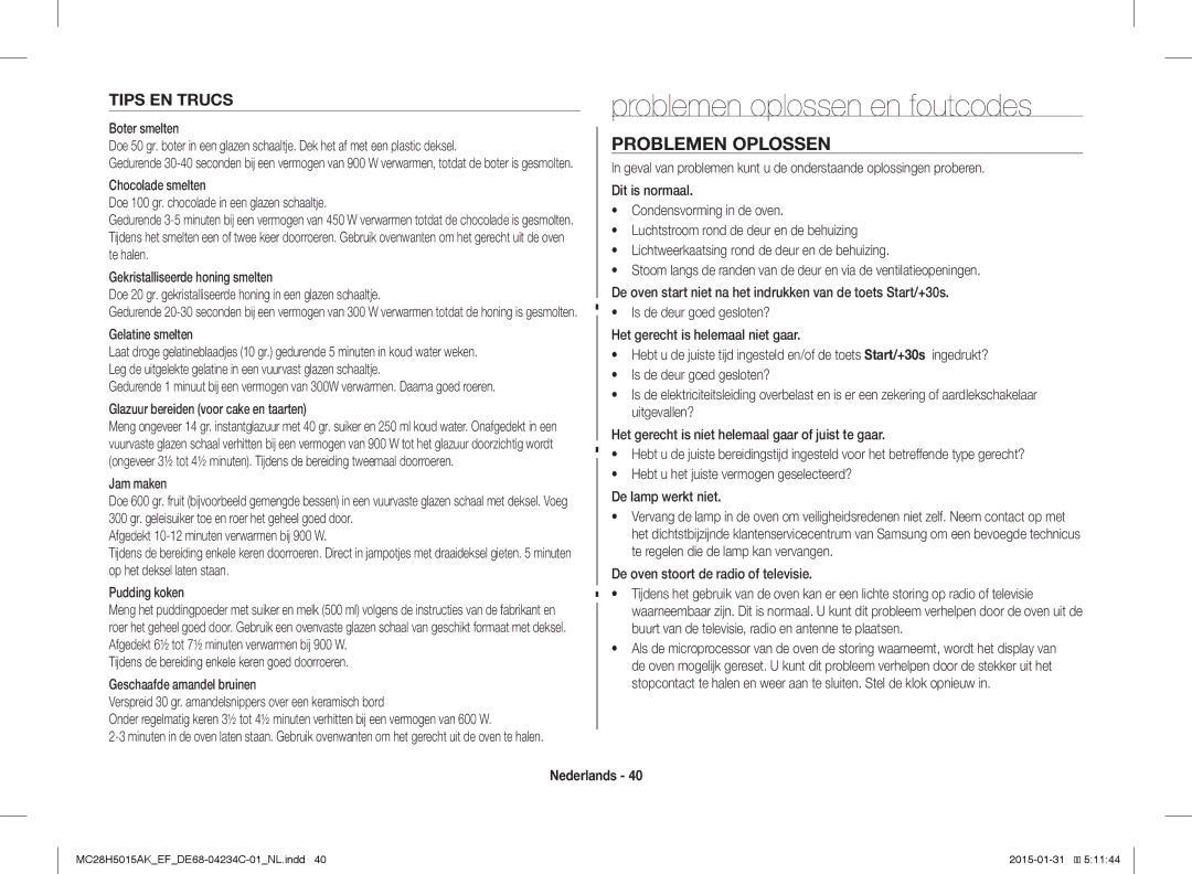 Samsung MC28H5015AK/EG, MC28H5015AK/EF, MC28H5015CK/EF Problemen oplossen en foutcodes, Problemen Oplossen, Tips EN Trucs 