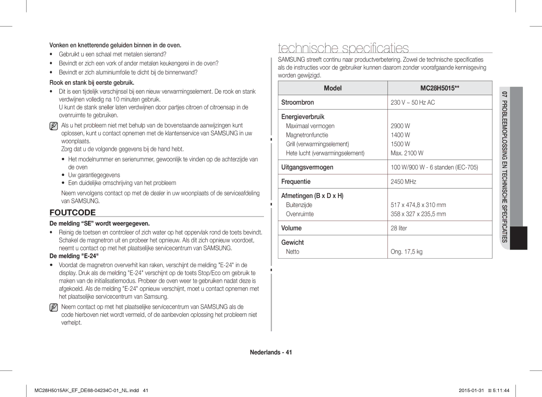 Samsung MC28H5015AK/EF manual Technische specificaties, Foutcode, De melding SE wordt weergegeven, De melding E-24 