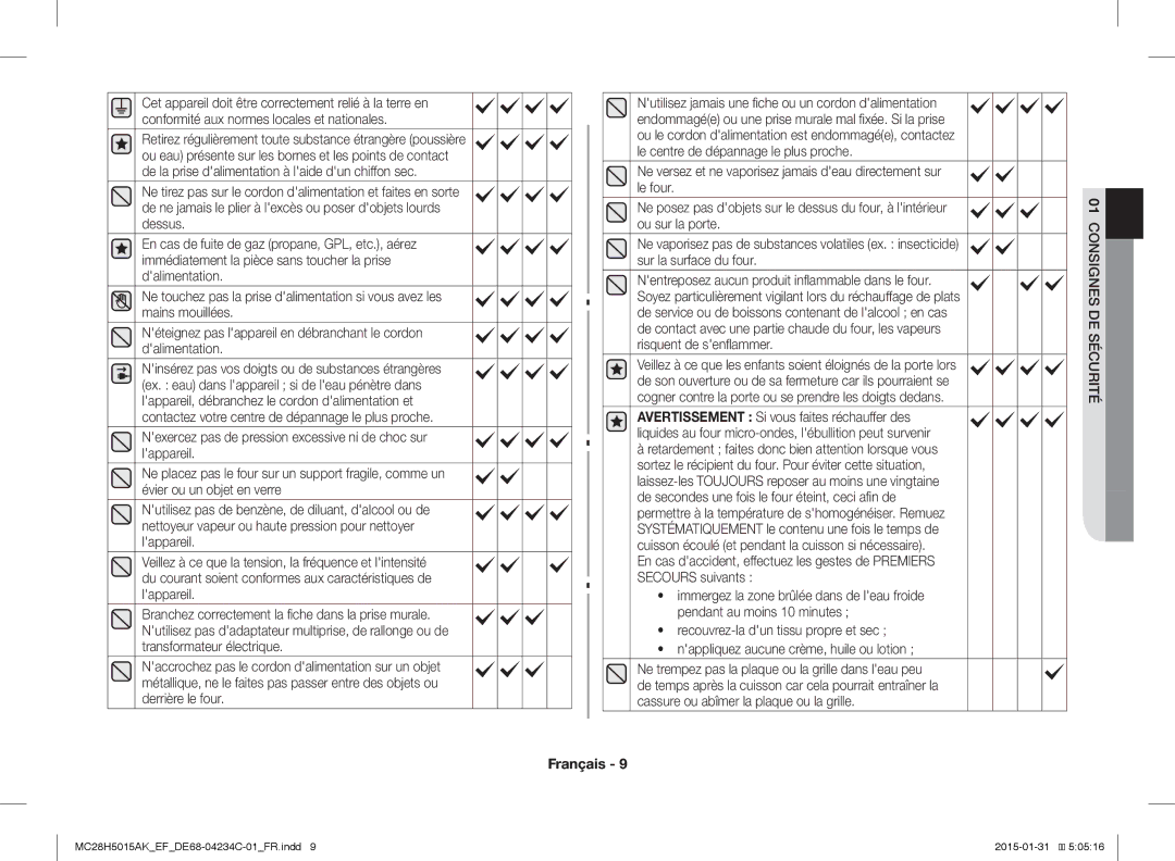 Samsung MC28H5015AW/EF, MC28H5015AK/EG, MC28H5015AK/EF manual Ne versez et ne vaporisez jamais deau directement sur, Le four 