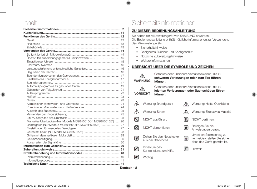 Samsung MC28H5015AK/EG Sicherheitsinformationen, ZU Dieser Bedienungsanleitung, Übersicht Über DIE Symbole UND Zeichen 