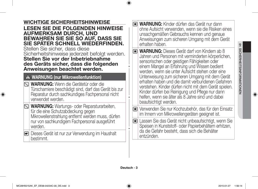 Samsung MC28H5015AK/EF, MC28H5015AK/EG, MC28H5015CK/EF manual Dieses Gerät ist nur zur Verwendung im Haushalt bestimmt 