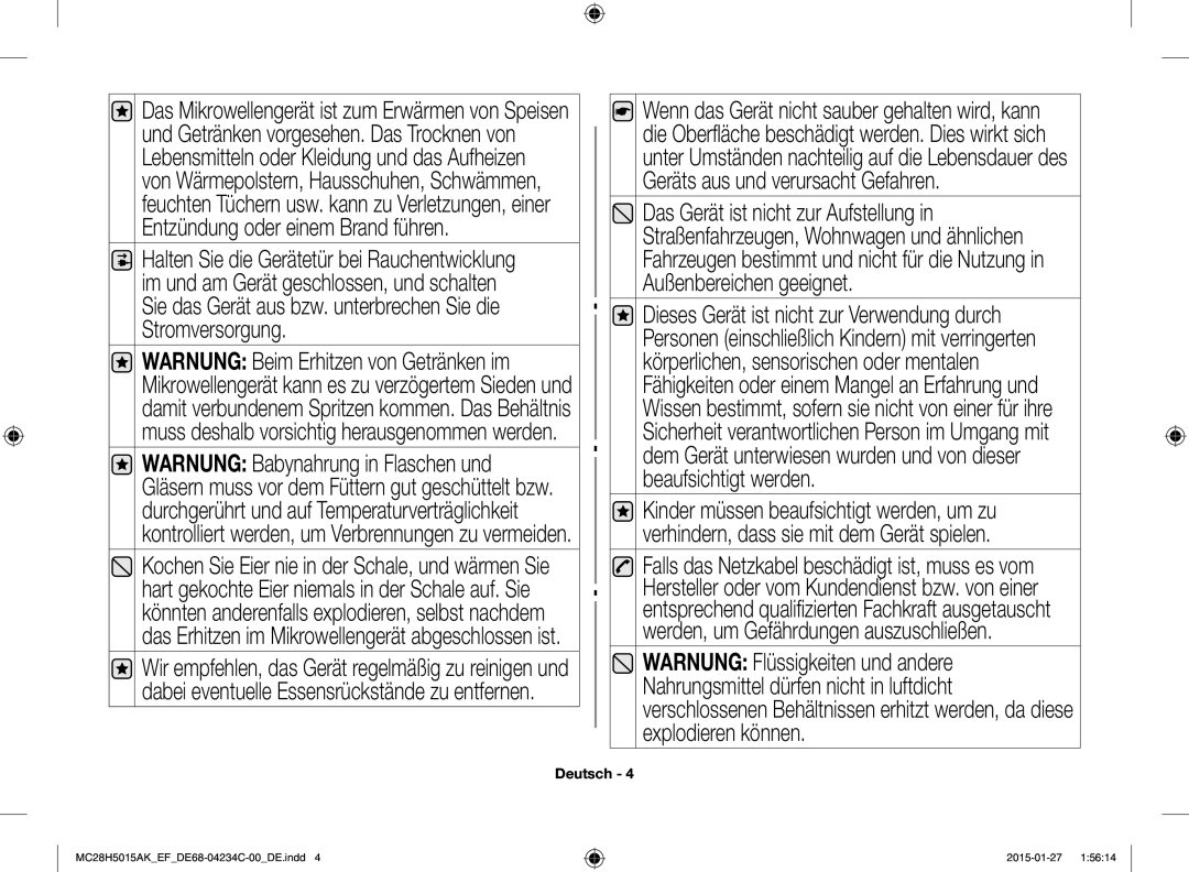 Samsung MC28H5015CK/EF, MC28H5015AK/EG, MC28H5015AK/EF, MC28H5015AW/EF, MC28H5015AS/EN, MC28H5015CW/EF manual Deutsch 