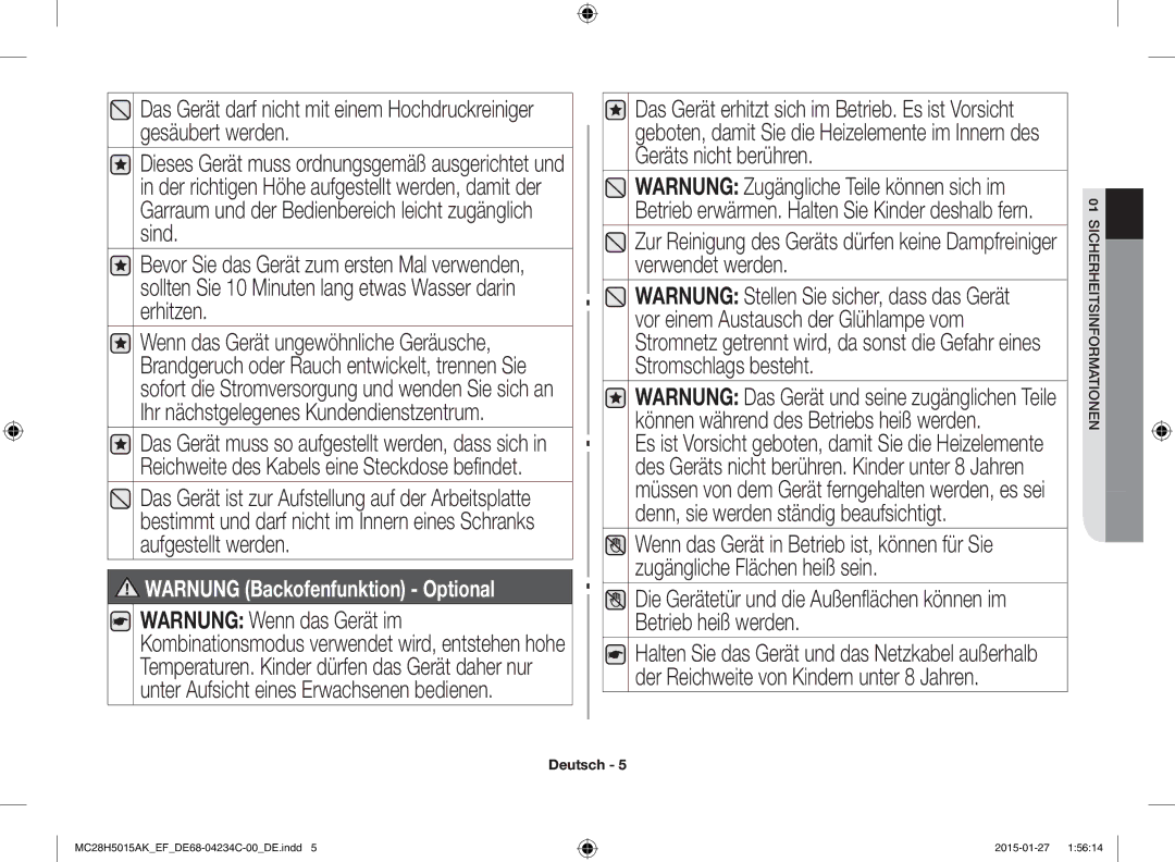 Samsung MC28H5015AW/EF, MC28H5015AK/EG, MC28H5015AK/EF, MC28H5015CK/EF, MC28H5015AS/EN manual Warnung Backofenfunktion Optional 