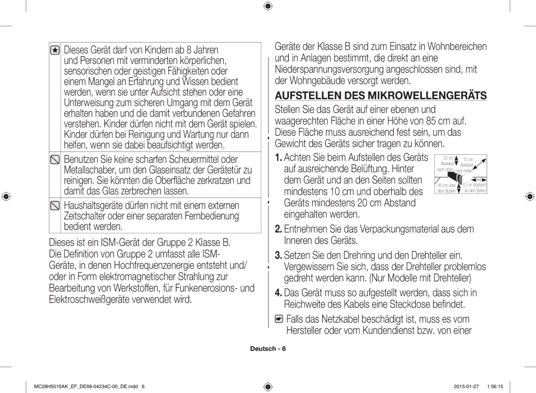 Samsung MC28H5015AS/EN, MC28H5015AK/EG, MC28H5015AK/EF, MC28H5015CK/EF, MC28H5015AW/EF manual Aufstellen DES Mikrowellengeräts 