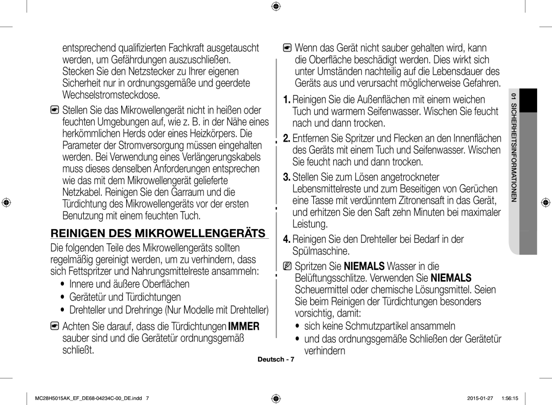 Samsung MC28H5015CW/EF, MC28H5015AK/EG manual Stecken Sie den Netzstecker zu Ihrer eigenen, Sicherheitsinformationen 