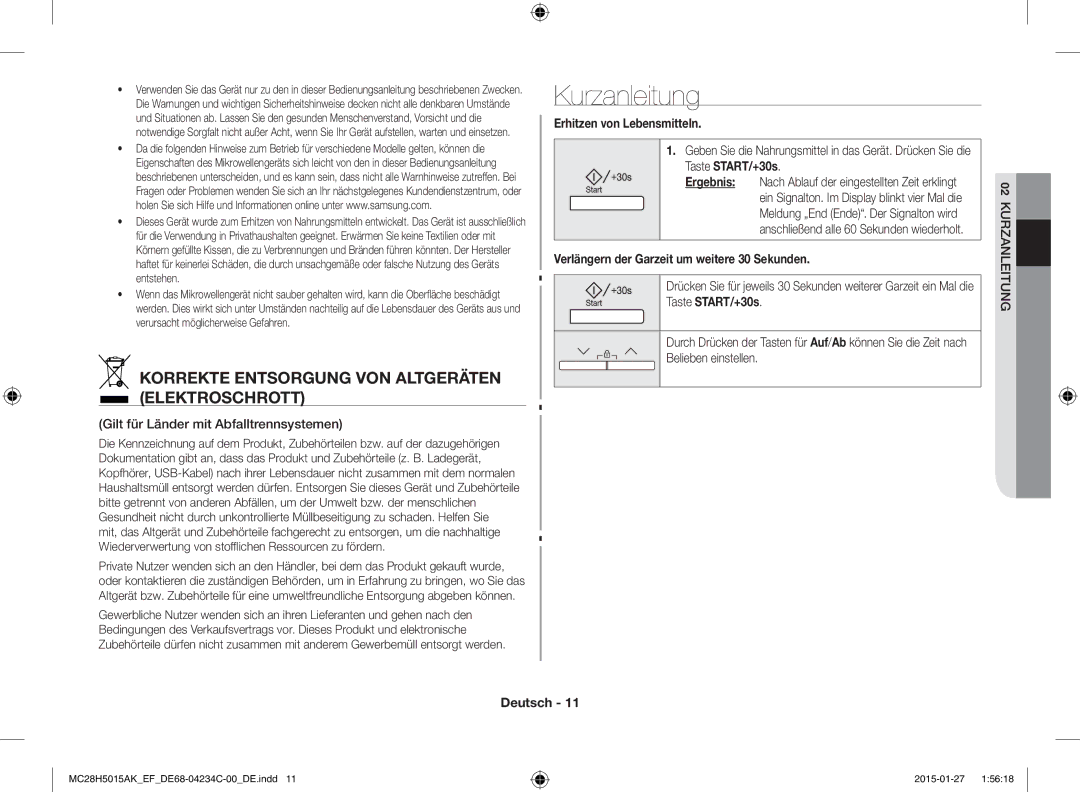 Samsung MC28H5015AW/EF manual Kurzanleitung, Korrekte Entsorgung VON Altgeräten Elektroschrott, Erhitzen von Lebensmitteln 