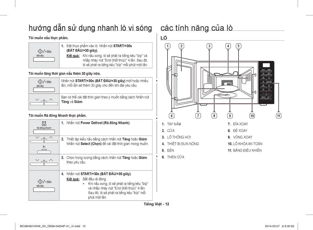 Samsung MC28H5015AK/SV Hướng dẫn sử dụng nhanh lò vi sóng các tính năng của lò, Tôi muốn nấu thực phẩm, BẮT ĐẦU/+30 giây 