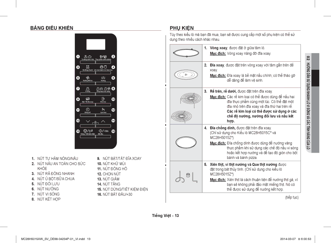 Samsung MC28H5015AK/SV manual Bảng Điều Khiển PHỤ Kiện, 16. NÚT BẮT ĐẦU/+30, Tiếp tục 