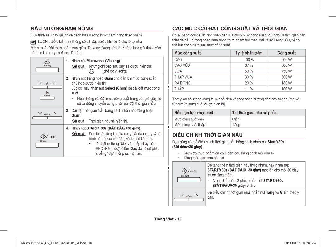 Samsung MC28H5015AK/SV manual NẤU NƯỚNG/HÂM Nóng, CÁC MỨC CÀI ĐẶT Công Suất VÀ Thời Gian, Điều Chỉnh Thời Gian NẤU 