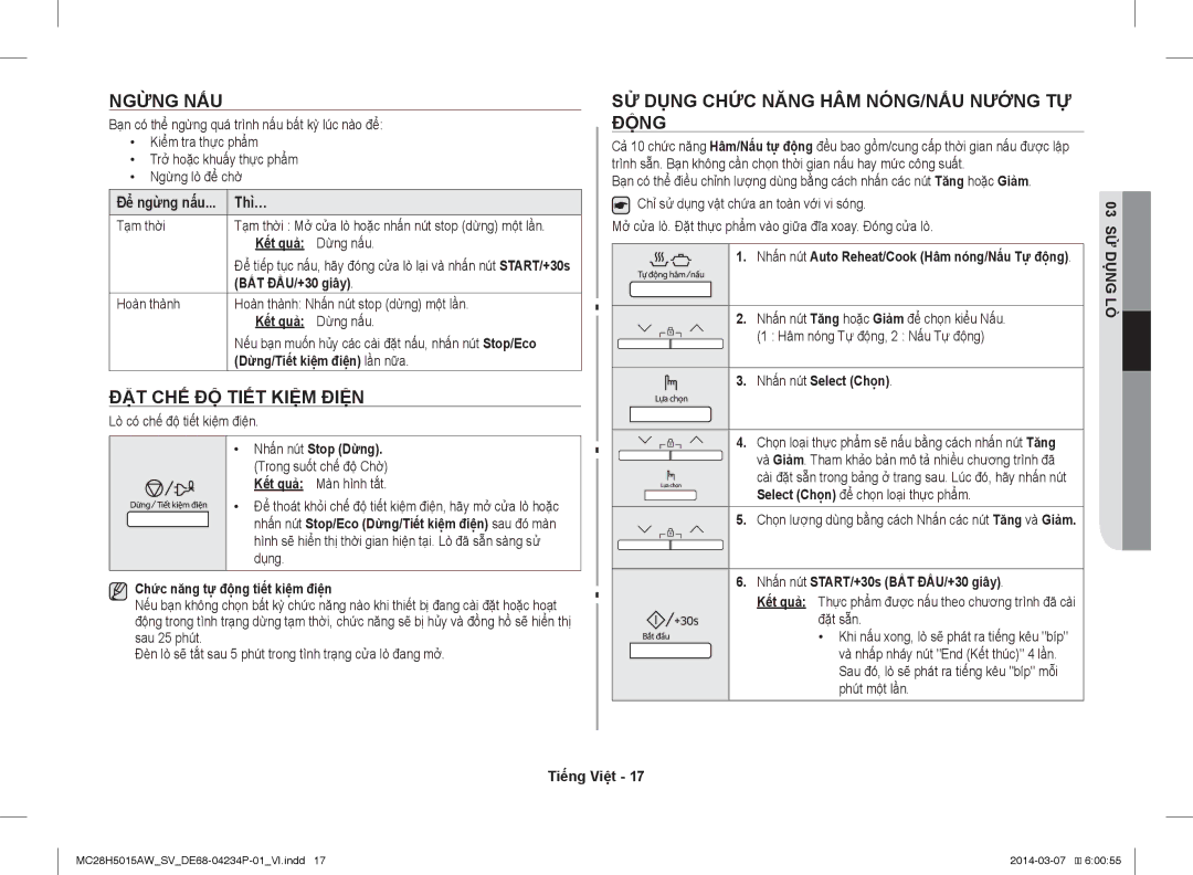 Samsung MC28H5015AK/SV manual Ngừng NẤU, ĐẶT CHẾ ĐỘ Tiết Kiệm Điện, SỬ Dụng Chức Năng HÂM NÓNG/NẤU Nướng TỰ Động 