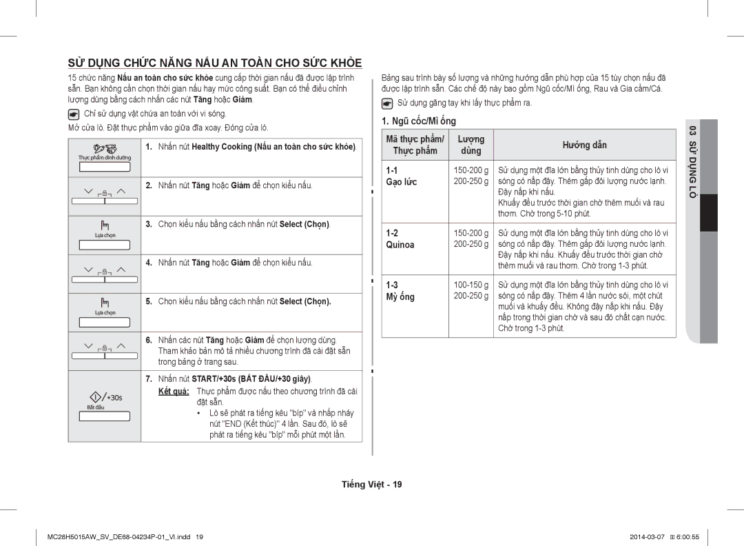 Samsung MC28H5015AK/SV SỬ Dụng Chức Năng NẤU AN Toàn CHO SỨC Khỏe, Lượng Hướng dẫn Thực phẩm, Gạo lức, Quinoa, Mỳ ống 