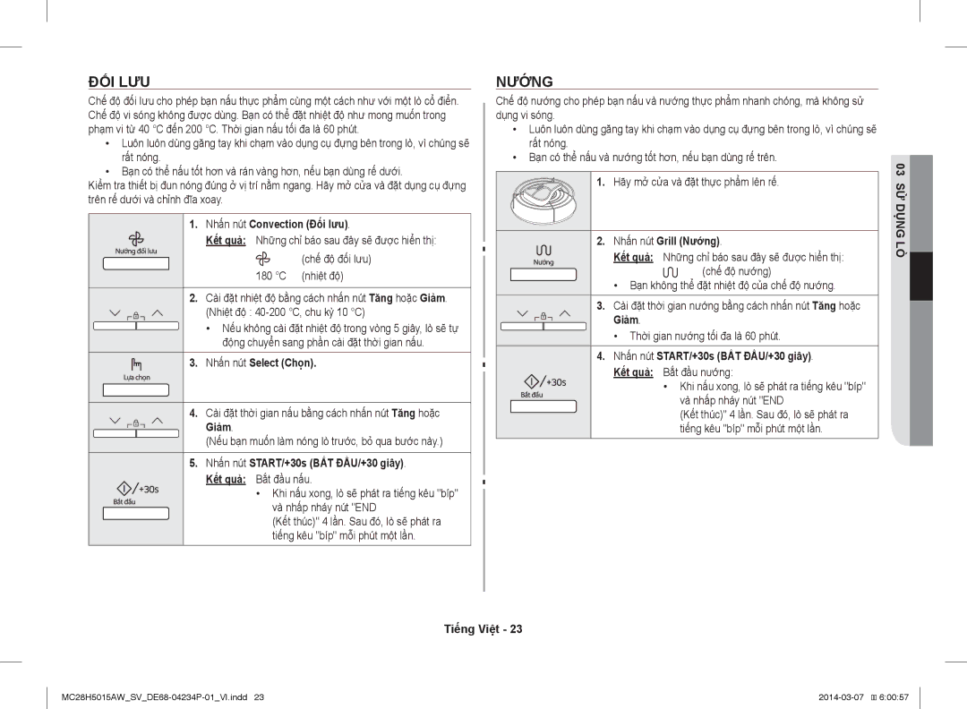 Samsung MC28H5015AK/SV manual Đối Lưu, Nhấn nút Convection Đối lưu, Nhấn nút Grill Nướng 
