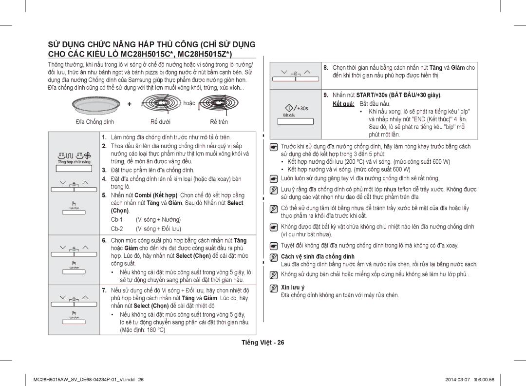 Samsung MC28H5015AK/SV manual Hoặc, Đĩa Chống dính Rế dưới, Cách vệ sinh đĩa chống dính, Xin lưu ý 