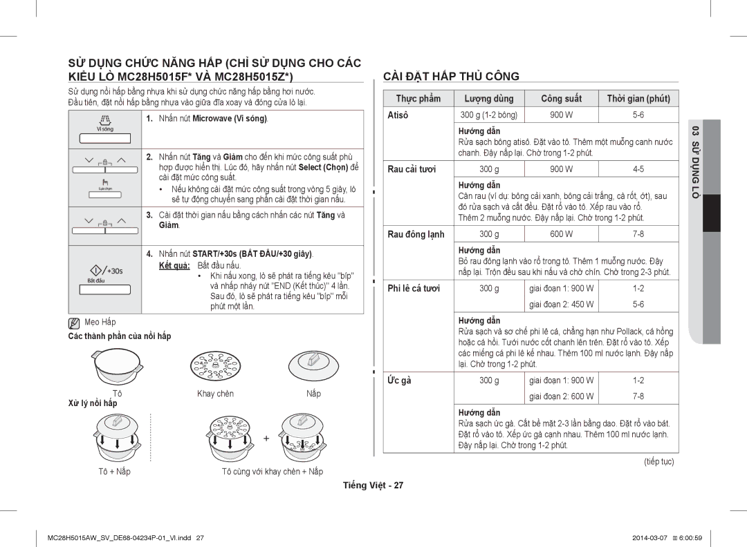 Samsung MC28H5015AK/SV manual CÀI ĐẶT HẤP THỦ Công 