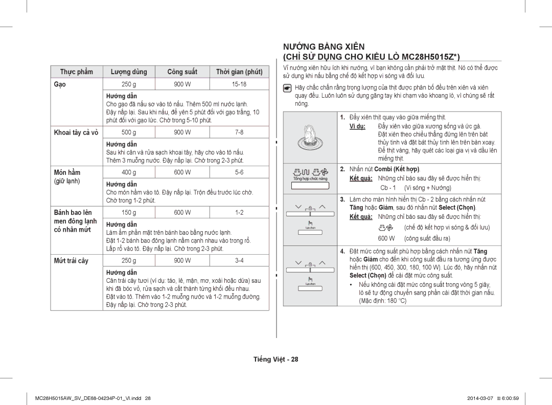Samsung MC28H5015AK/SV manual Nướng Bằng Xiên CHỈ SỬ Dụng CHO Kiểu LÒ MC28H5015Z 