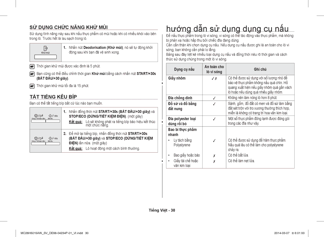 Samsung MC28H5015AK/SV manual Hướng dẫn sử dụng dụng cụ nấu, SỬ Dụng Chức Năng KHỬ MÙI, TẮT Tiếng KÊU BÍP 