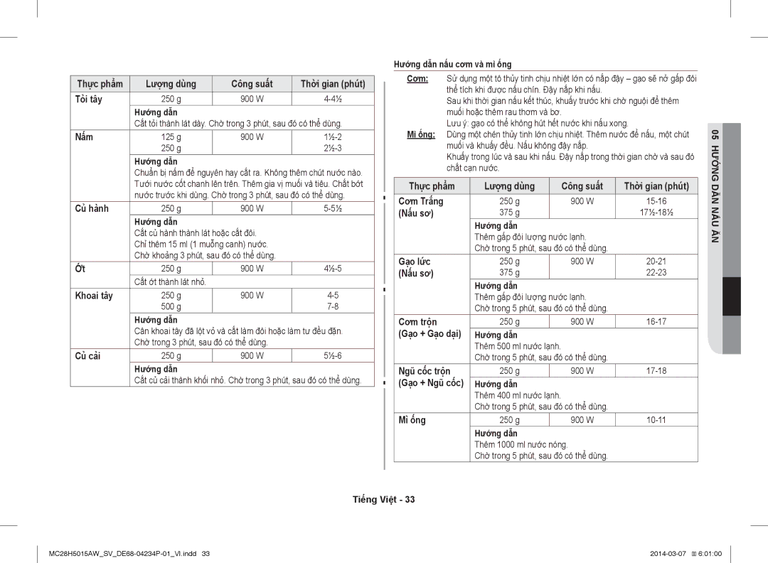 Samsung MC28H5015AK/SV Lượng dùng Công suất, Tỏi tây, Nấm, Củ hành, Khoai tây, Củ cải, Hướng dẫn nấu cơm và mì ống, Nấu sơ 