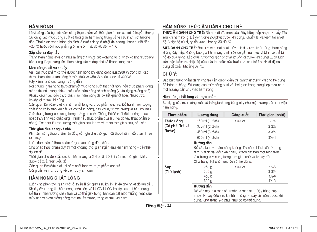 Samsung MC28H5015AK/SV manual HÂM Nóng HÂM Nóng Thức ĂN Dành CHO TRẺ, Chú Ý, HÂM Nóng Chất Lỏng 