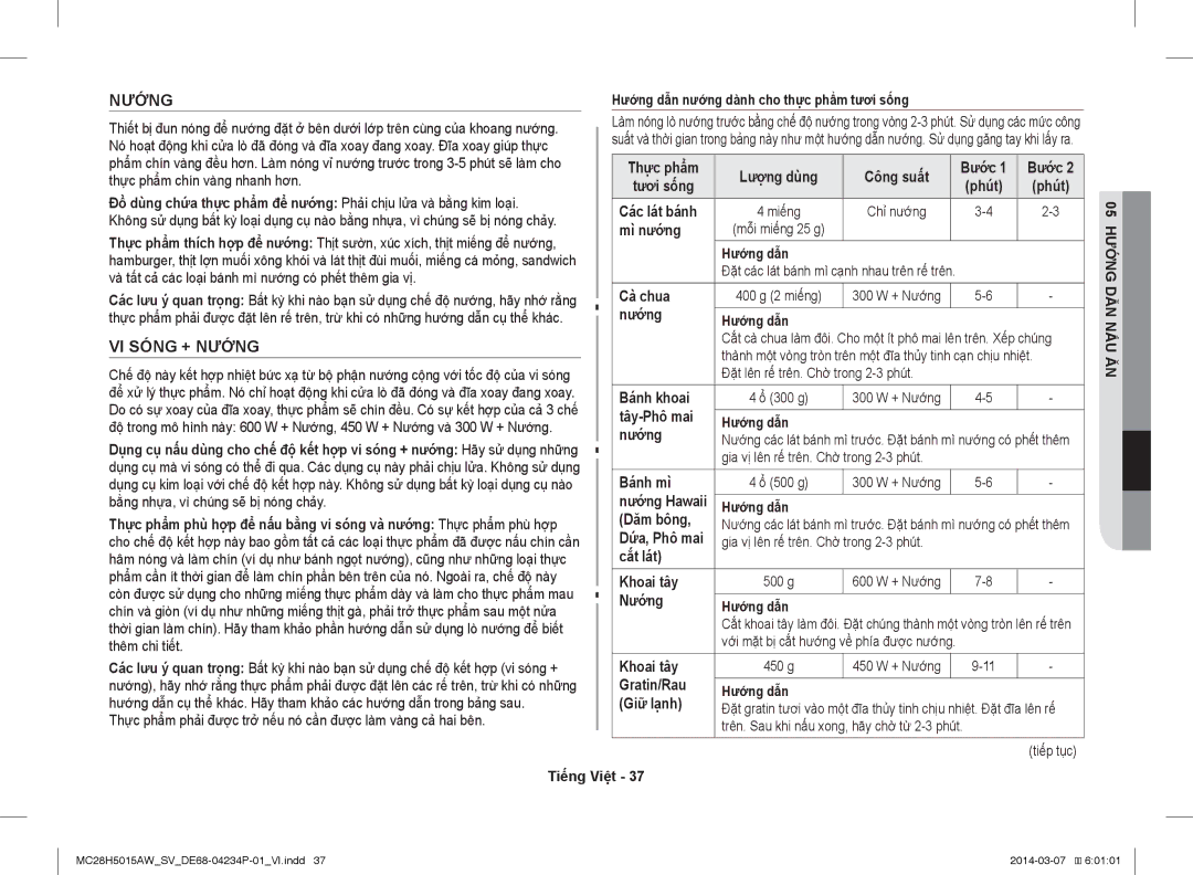 Samsung MC28H5015AK/SV manual VI Sóng + Nướng 